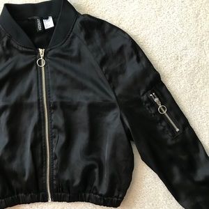 H&M black silky cropped bomber jacket